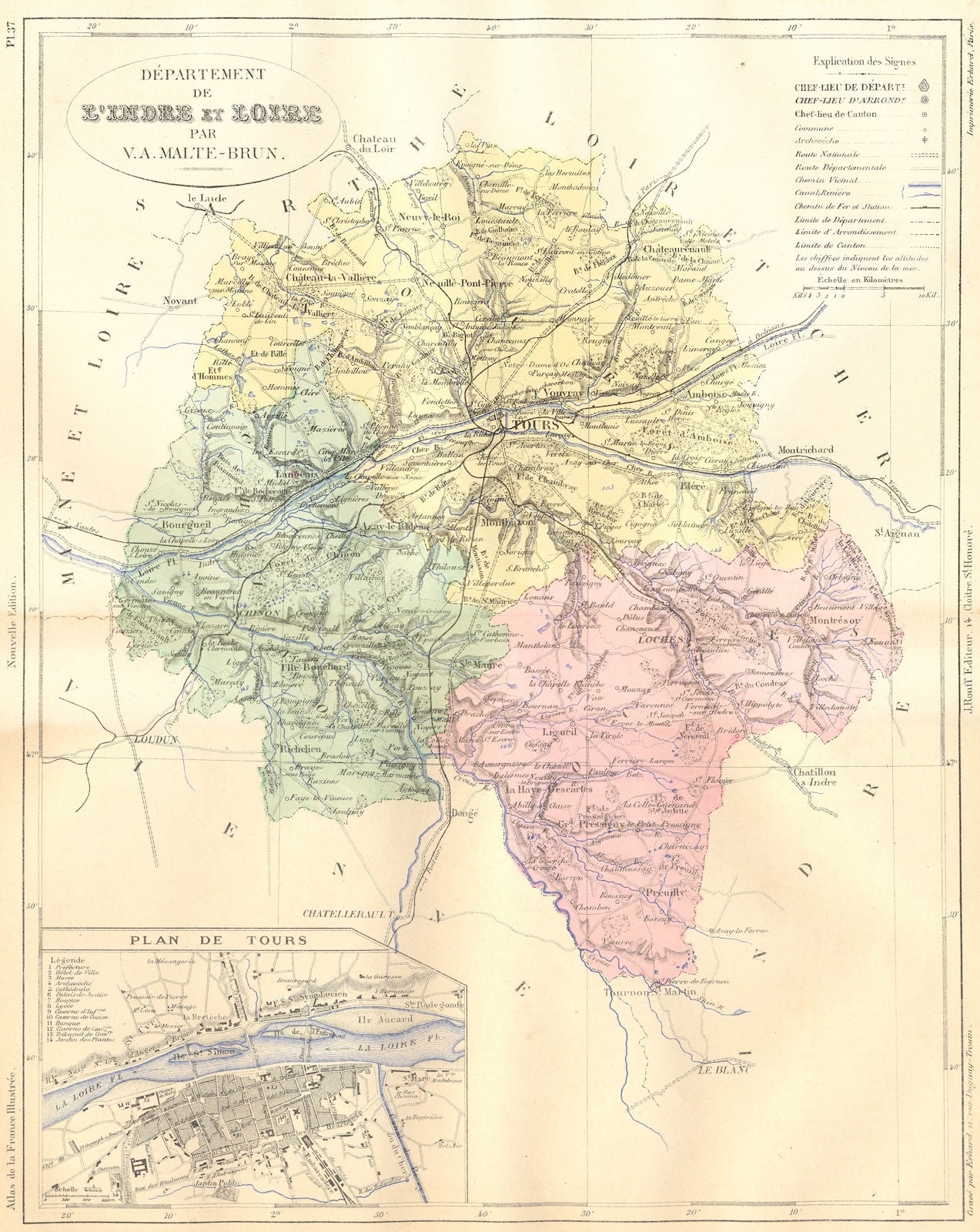 LOIRE. Departement de L'Indre; plan Tours 1881 old antique map chart